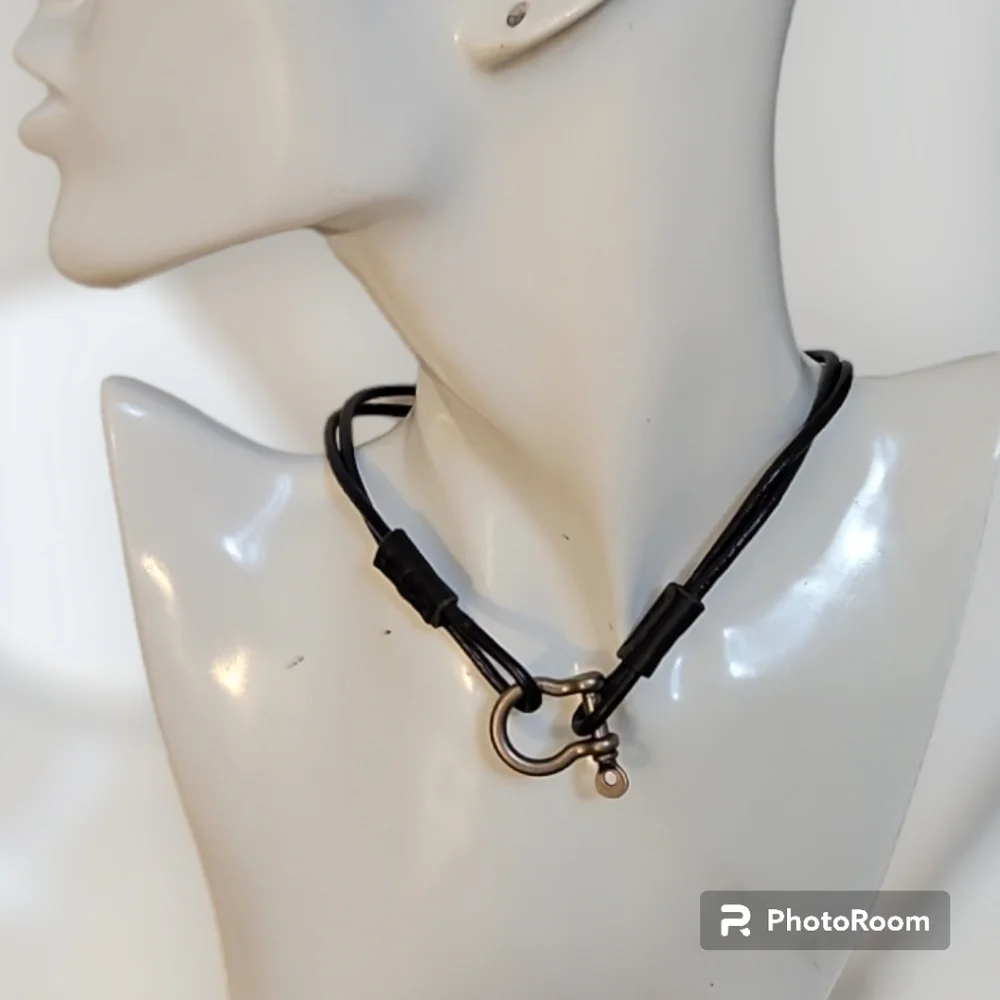 Black Leather Boat Anchor Nautical Screw Pin Shackle Choker Viking Necklace